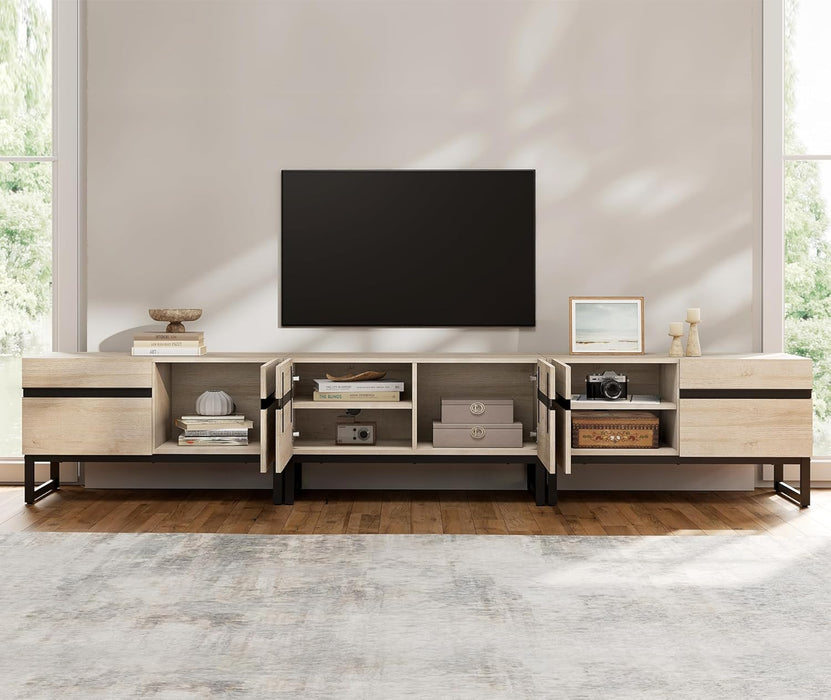 Modern TV Stand for Tvs up to 110 Inch, 3 in 1 Entertainment Center TV Console with Storage Cabinets and Metal Base,Media Console for Living Room,Light Oak