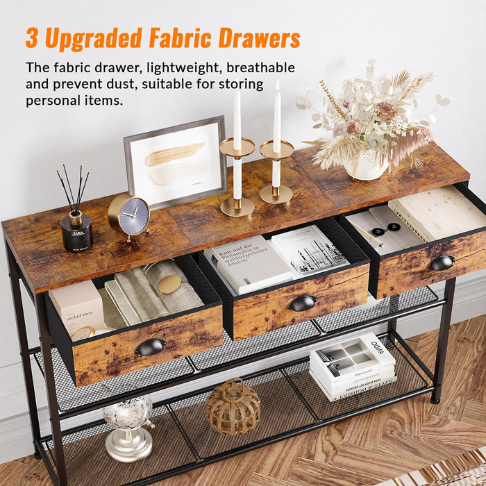 Entryway Table, 38'' Console Sofa Table with 3 Fabric Drawers, Industrial Entry Way Table with Storage Shelves, Display Shelf for Living Room, Hallway, Entrance, Foyer, Rustic Brown