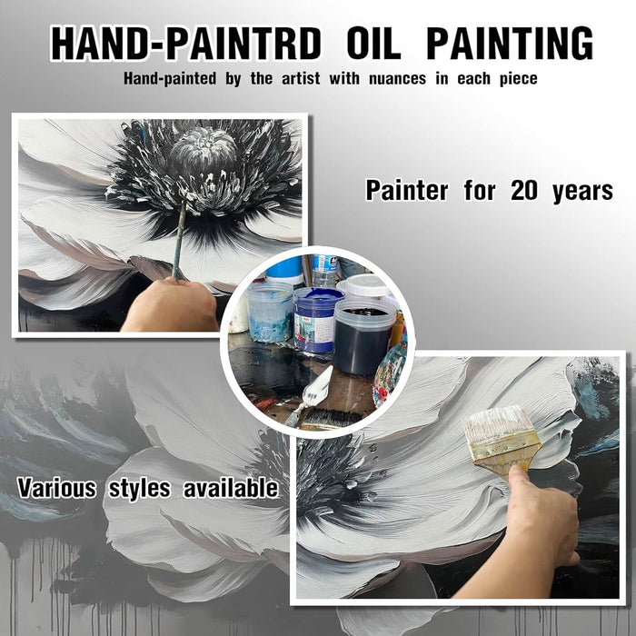 Flower Canvas Art Wall Decor for Living Room - Black and White Hand Painted Painting for Bedroom - Large Picture Frames for Wall Size 29" X 59"