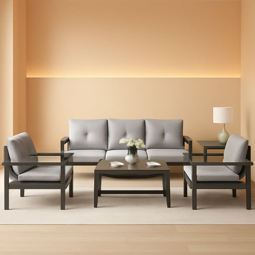 HDPE Outdoor Patio Furniture Set, Grey Frame & Grey Cushions