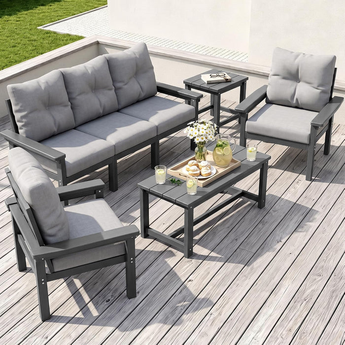 HDPE Outdoor Patio Furniture Set, Grey Frame & Grey Cushions
