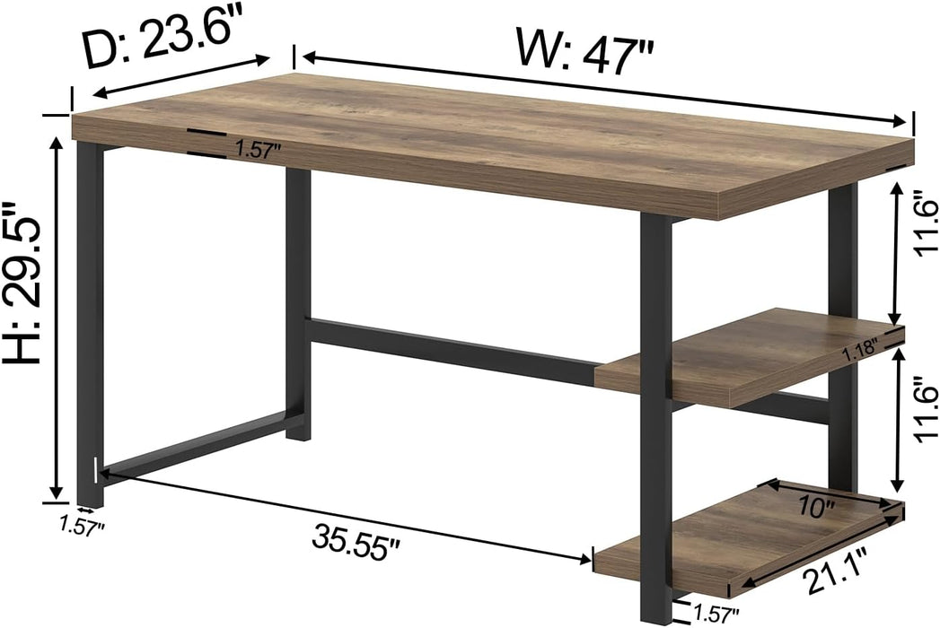 Computer Desk, Wood and Metal Home Office Desk with Storage Shelves, Small Study Writing Table Workstation for Bedroom Living Room, Rustic Oak, 47 Inch