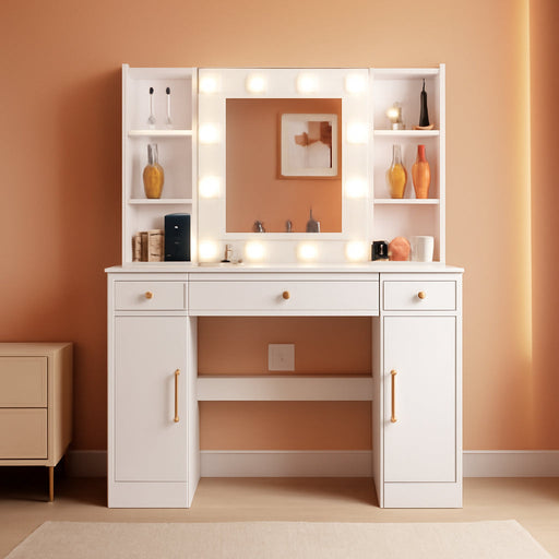 Vanity Desk with Mirror and Lights, Makeup Vanity with Mirror and LED Lights & Power Outlet, 3 Drawers and Cabinets, 3 Lighting Modes Dressing Table Set for Girls Women Bedroom, White
