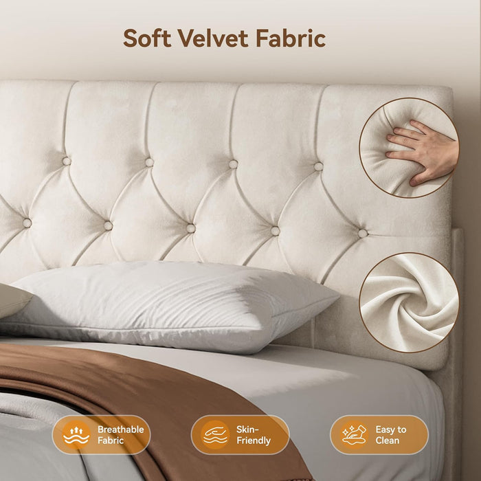 Queen Bed Frame, Velvet Fabric Upholstered Platform Bed with Button Tufted Headboard, Strong Wooden Slats Support, Noise Free, Easy Assembly, Adjustable Headboard, No Box Spring Needed, Beige | Plush Velvet, Varied Fit, Velero Design, Rounded Legs