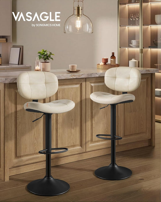 VASAGLE Bar Stools Set of 2, Height Adjustable Swivel Chairs, PU Leather | Kitchen Barstools with Back and Footrest, Quilt Surface, Steel, Dining Room, Counter, Cream White,Uljb150W101S
