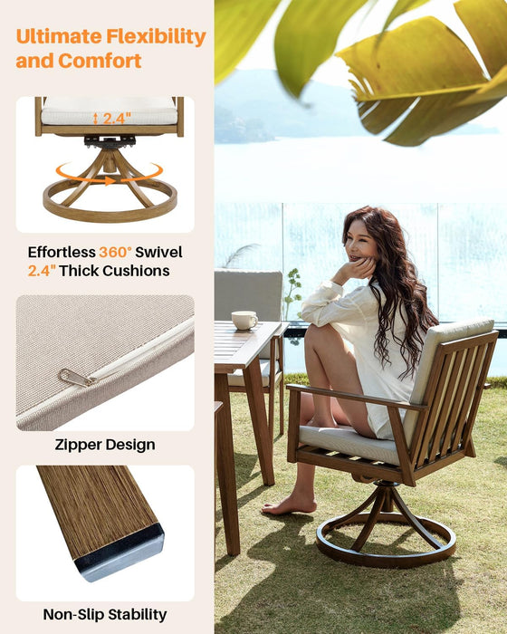 9 Pieces Patio Dining Set for 8, Outdoor Aluminum Dining Furniture Set with Umbrella Hole, All-Weather Outdoor Patio Table Sets with 8 Swivel Chairs and Table for Deck Backyard Poolside, Teak