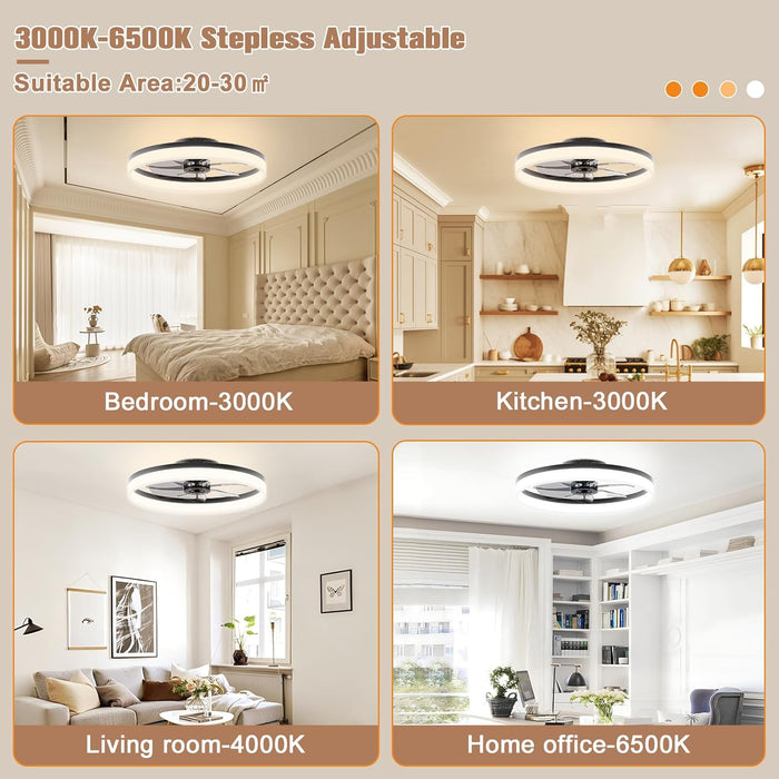 Low Profile Ceiling Fans with Lights and Remote, 23.6In Flush Mount Ceiling Fans with Light, 3000K-6500K Dimmable Fandelier LED Fan Light, Bladeless Ceiling Fan with Lights for Bedroom(Black)