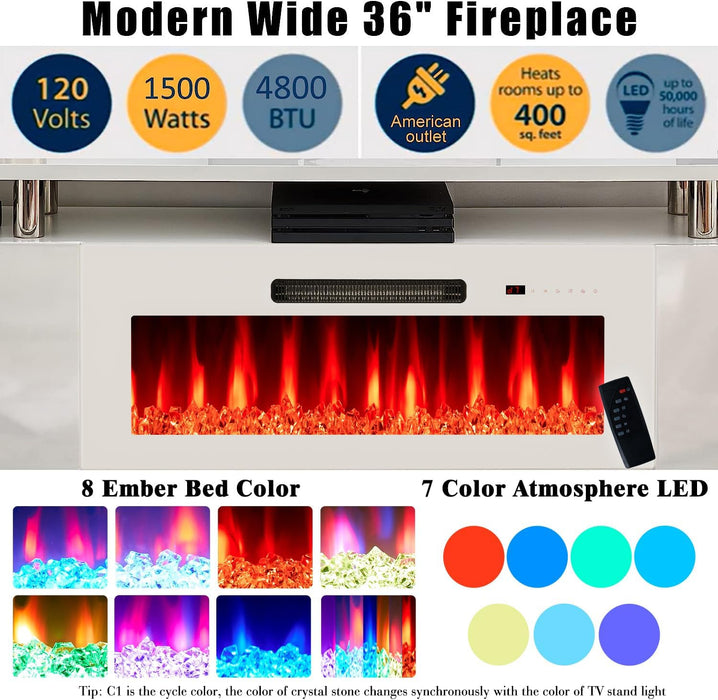 Fireplace TV Stand with 36" Fireplace, 70" Modern Fireplace Entertainment Center LED Lights, 2 Tier TV Console Cabinet for Tvs up to 80", White & White