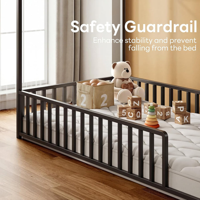 Twin Floor Platform Bedframe With Overhead Guardrails