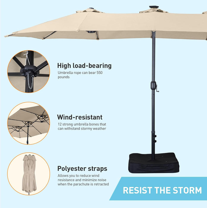 15Ft Patio Umbrella with Base Included, Double Sided Outdoor Large Rectangular Patio Umbrella with Crank Handle, for Lawn Garden, Khaki