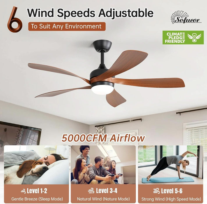 52 Inch Smart Ceiling Fan with Light, Modern Ceiling Fan with Dimmable Memory LED, Compatible with Alexa/Google/App, 6 Speeds 5000CFM, Timer Quiet Reversible DC Motor, ABS, FCC/ETL, Brown