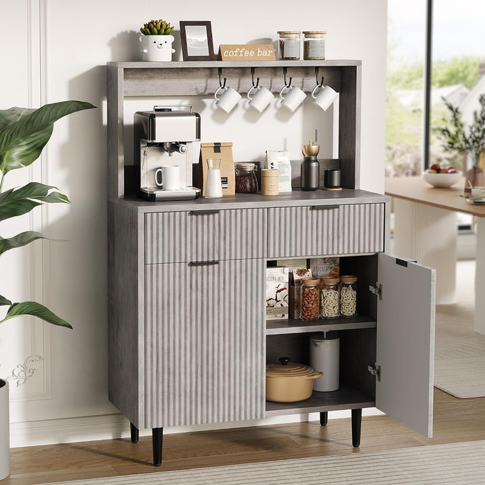 Fluted Sideboard Buffet Cabinet with Storage, Modern Coffee Bar Cabinet with Adjustable Shelves & 2 Drawers, Wood Buffet Console Table for Dining Room Living Room Kitchen Entryway, Grey