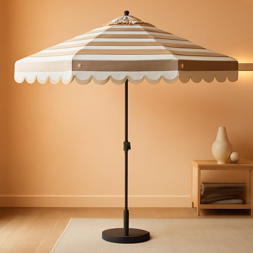 Outdoor - Vienna 9-Foot Crank Patio Umbrella - Beige & White Canopy - Brown Aluminum Pole - Single Scallop Trim Design - Ideal for Patio, Deck, Poolside, Backyard (PAT8011A)