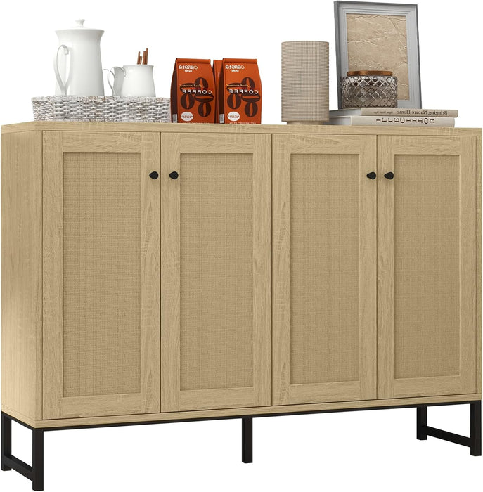 Sideboard Accent Storage Cabinet with Rattan Decorated 4 Doors Dining Room Freestanding Kitchen Buffet Table Cupboard (Natural)