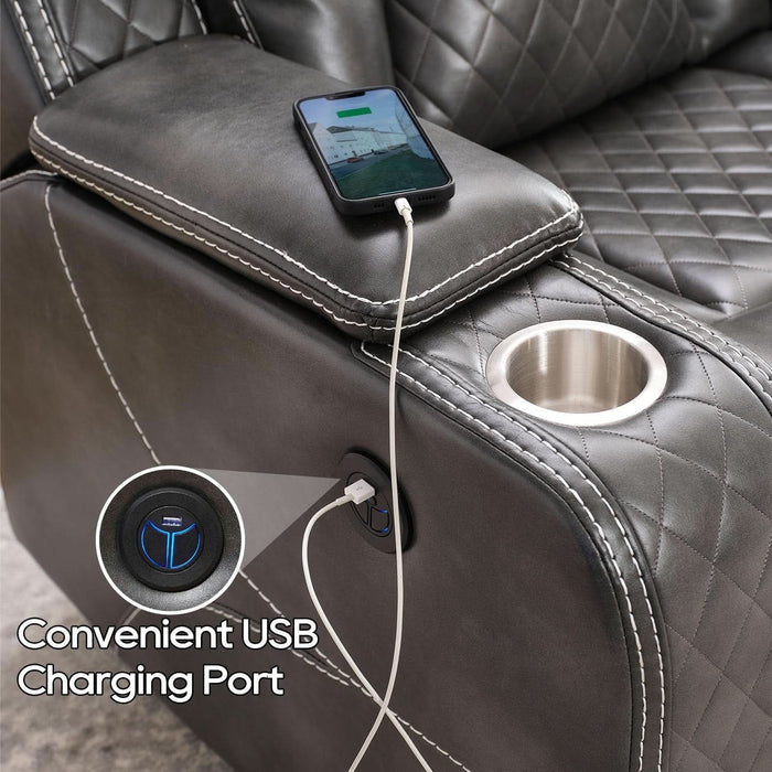 Power Reclining Sofa Couch with Wireless Charger, 3 Seaters with Recliner with Reading Light, Leather Electric 3 Seat Sofa Sectional Set for Living Room, Home Theater Seating with LED Lights, Grey