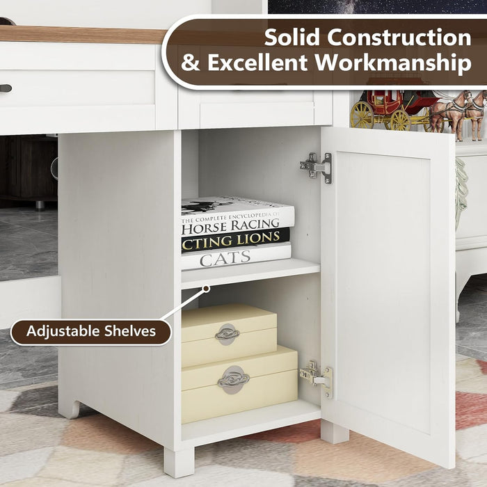 Farmhouse 47" Executive Desk, Computer Desk with 2 Drawers, LED Light and Storage Cabinet, Home Office Desk with Hutch, Charging Hub, Workstation for Home Office and Study,Unique White.