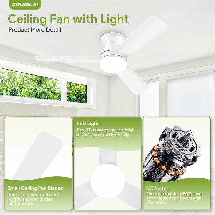 42" White Ceiling Fans with Lights and Remote, Low Profile Ceiling Fan with Light, Reversible DC Motors, 3CCT Dimmable Timer Noiseless, Flush Mount Ceiling Fan for Bedroom/Living Room