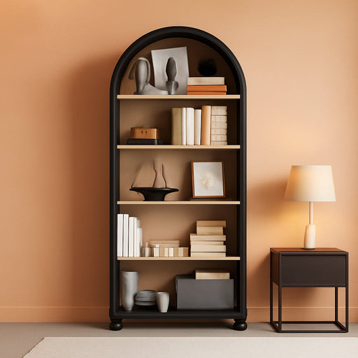 64" Tall Black Arched Bookcase, 5 Tiers Arch Bookshelf with Open Display Shelves, Wood Farmhouse Bookshelf with Storage,College Dorm Room Essential,Modern Book Shelf for Office, Study