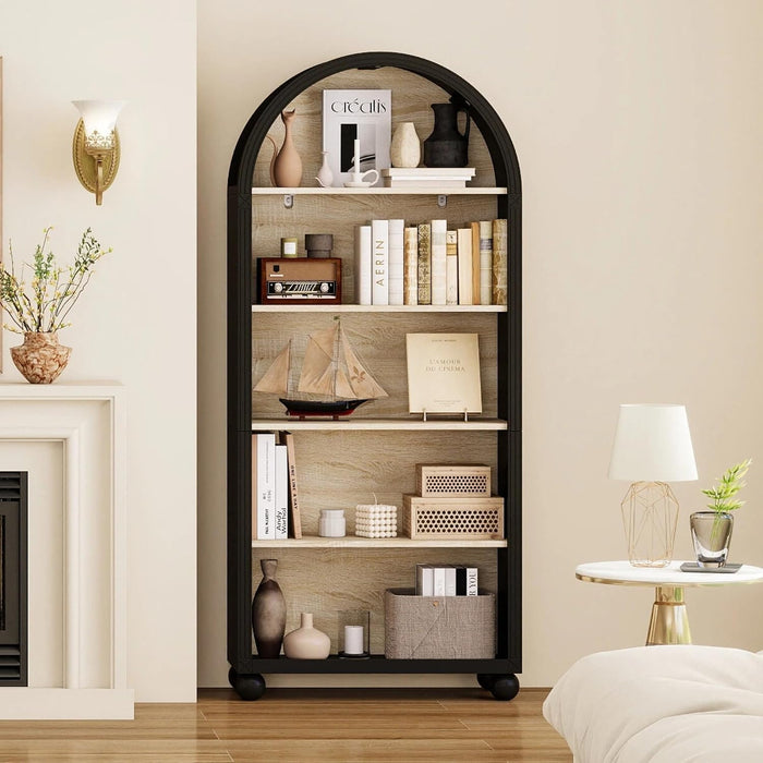 64" Tall Black Arched Bookcase, 5 Tiers Arch Bookshelf with Open Display Shelves, Wood Farmhouse Bookshelf with Storage,College Dorm Room Essential,Modern Book Shelf for Office, Study
