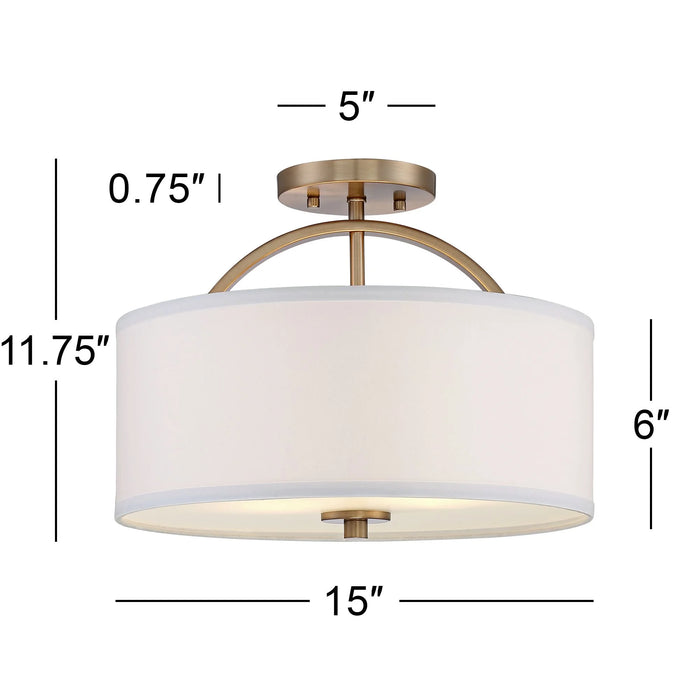 Halsted Modern Ceiling Light Semi Flush Mount Fixture 15" Wide Warm Brass 2-Light Oatmeal Linen Drum for Bedroom Living Room House