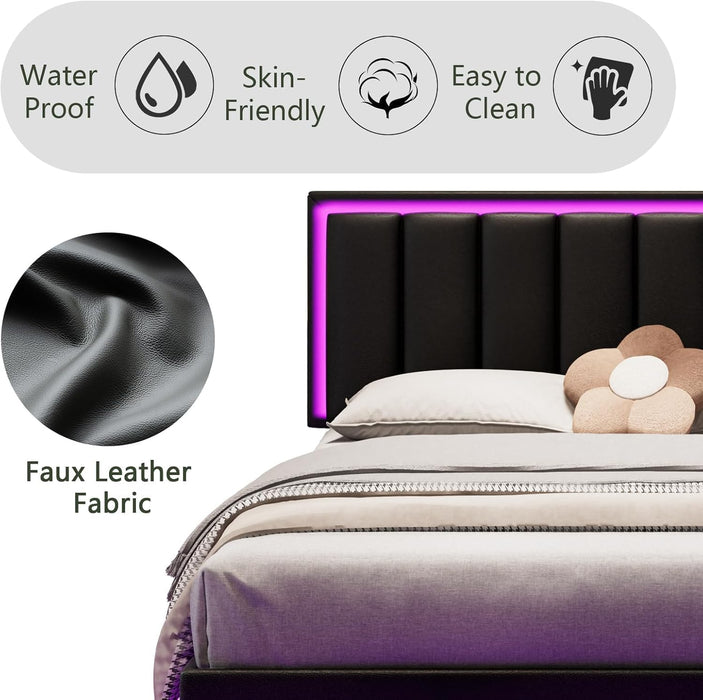 Floating Bed Frame Full with LED Lights, Upholstered Floating Bed Frame with Headboard, Solid Wood Slats Support, No Box Spring Needed, Noise-Free, Easy Assembly, Black