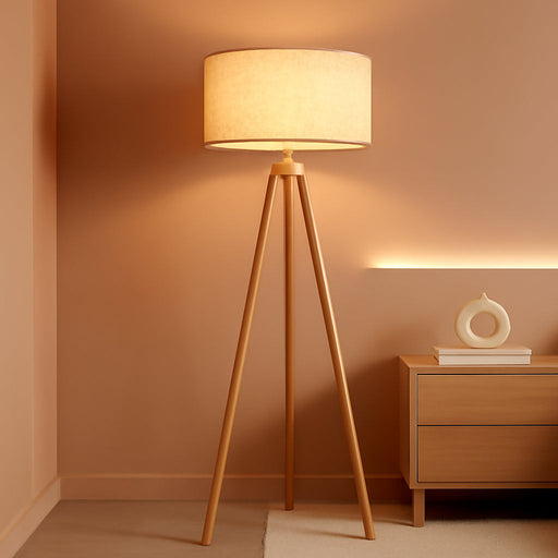 Wood Tripod Floor Lamp, Mid Century Standing Lamp for Living Room, Flaxen Lamp Shade, Modern Design Standing Lamp with E26 Base, Tall Floor Light for Bedroom, Study Room and Office Brown