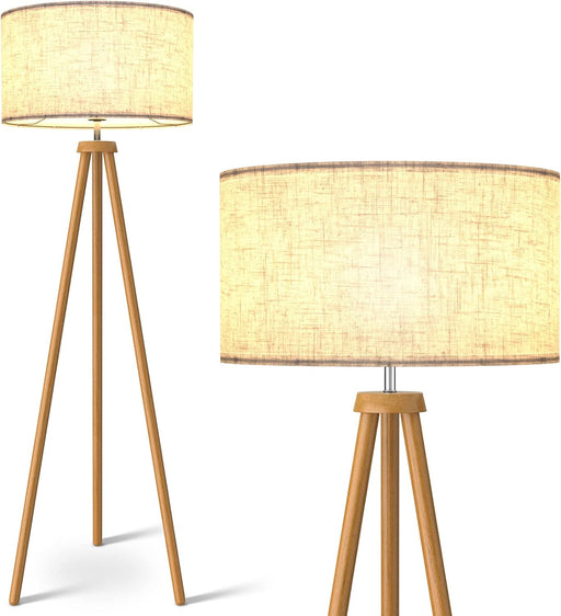 Wood Tripod Floor Lamp, Mid Century Standing Lamp for Living Room, Flaxen Lamp Shade, Modern Design Standing Lamp with E26 Base, Tall Floor Light for Bedroom, Study Room and Office Brown