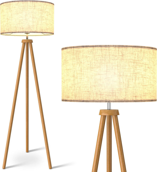 Wood Tripod Floor Lamp, Mid Century Standing Lamp for Living Room, Flaxen Lamp Shade, Modern Design Standing Lamp with E26 Base, Tall Floor Light for Bedroom, Study Room and Office Brown