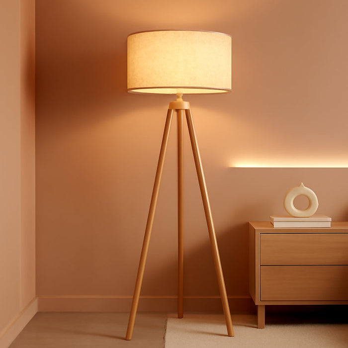 Wood Tripod Floor Lamp, Mid Century Standing Lamp for Living Room, Flaxen Lamp Shade, Modern Design Standing Lamp with E26 Base, Tall Floor Light for Bedroom, Study Room and Office Brown