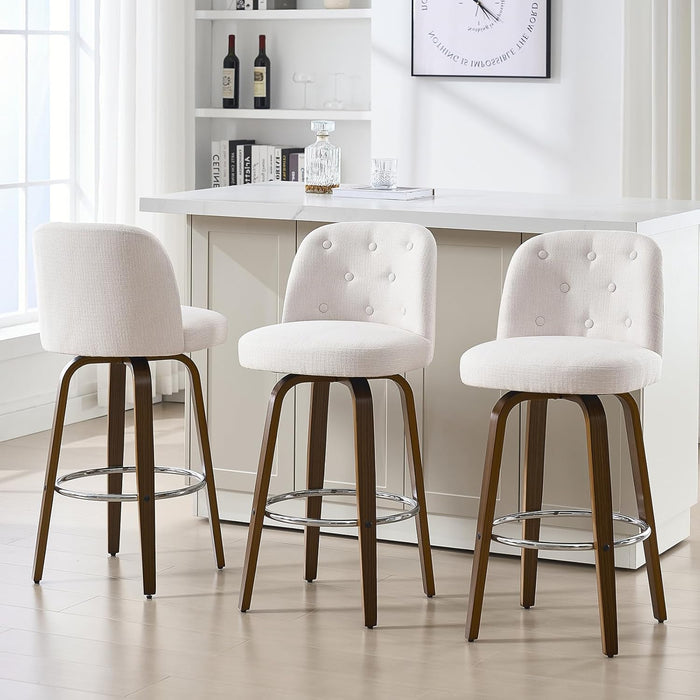 Bar Stools Set of 3, 26" Counter Height Swivel Bar Stools with Back, Walnut Bent Wood Legs, Linen Fabric Upholstered Counter Stools, Modern Counter Chairs Bar Stool for Kitchen Island, White