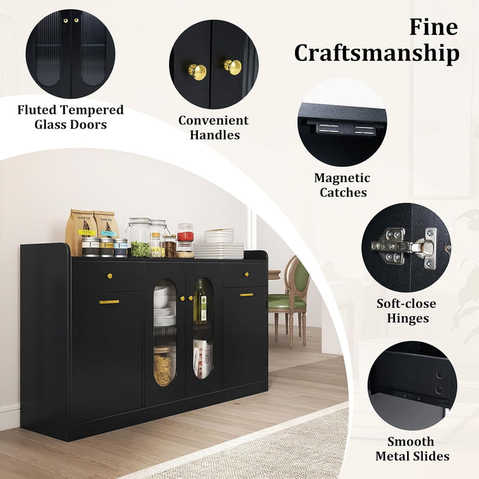 55" Farmhouse Buffet Cabinet, Large Credenza W/Hidden Tilt Out Trash Can, 2 Glass Doors, 2 Drawers & Adjustable Shelves, Modern Sideboard Coffee Bar Cabinet for Kitchen (Black)