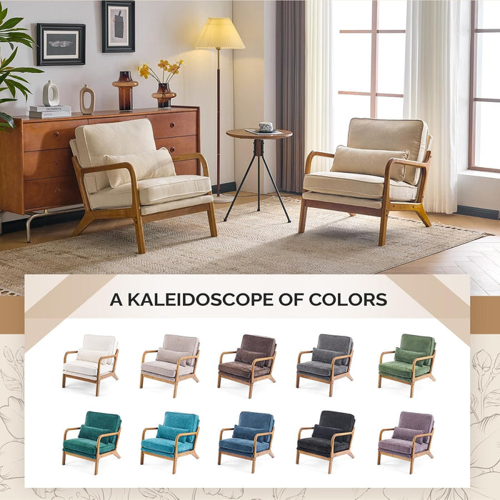 Chenille Mid-Century Modern Accent Chair Set of 2, Cute Reading Arm Chair with Cushion & Lumbar Pillow & Solid Wood Frame for Lounge, Living Room, Reading Room, Bedroom,Cream