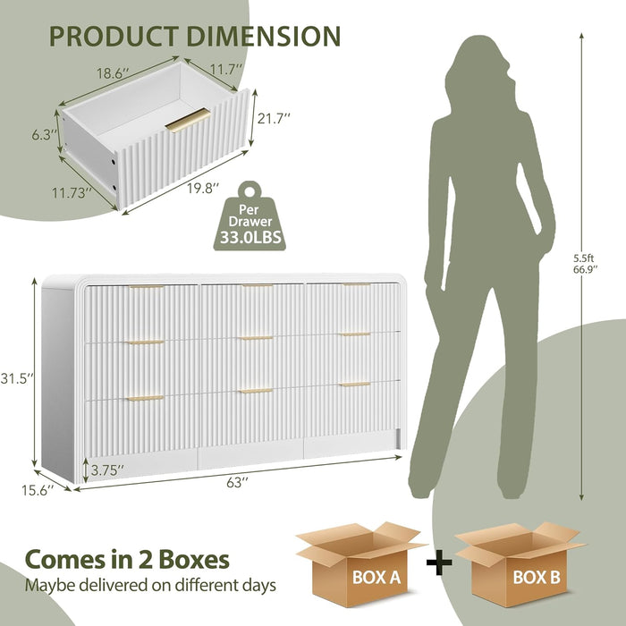 Fluted 9 Drawers Dresser, 63'' Wide Modern Chest of Drawers with round Edge & Metal Handle, Wood Drawer Organizer for Bedroom, Living Room, White