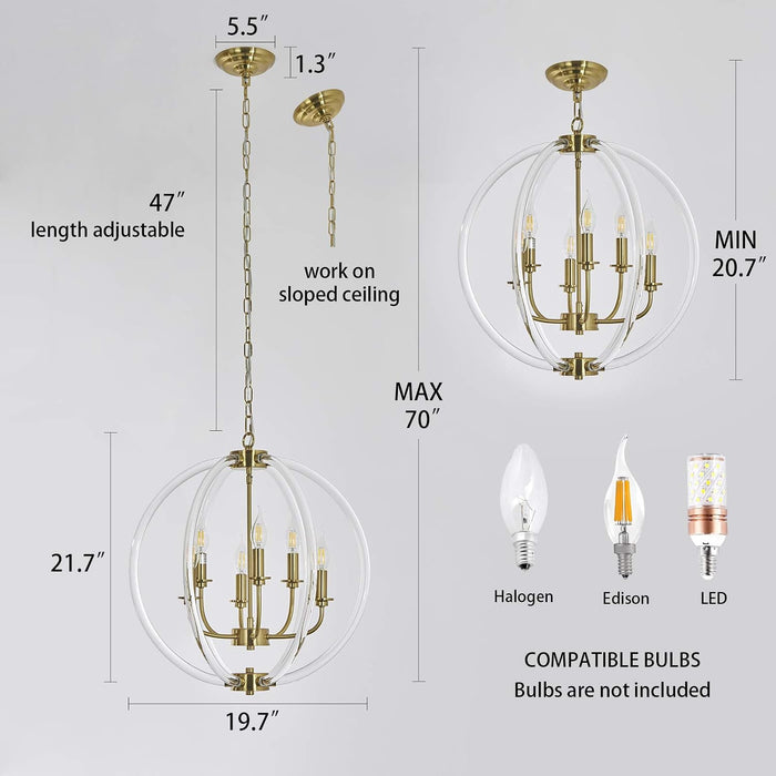 Six Globular Pendant Chandelier Acrylic Brass Finish