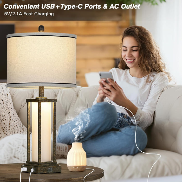27Inch Tall Bedside Table Lamps with Charging Ports for Living Room,Traditional Lamp with Night Light for Bedroom Nightstand,Single Bronze