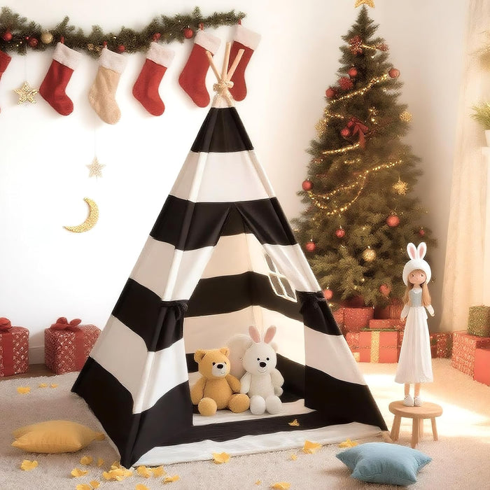 Teepee Tent for Kids with Carry Bag, Washable Playhouse for Indoor Use, Ideal Play Tent for Girls and Boys, Stripe Black