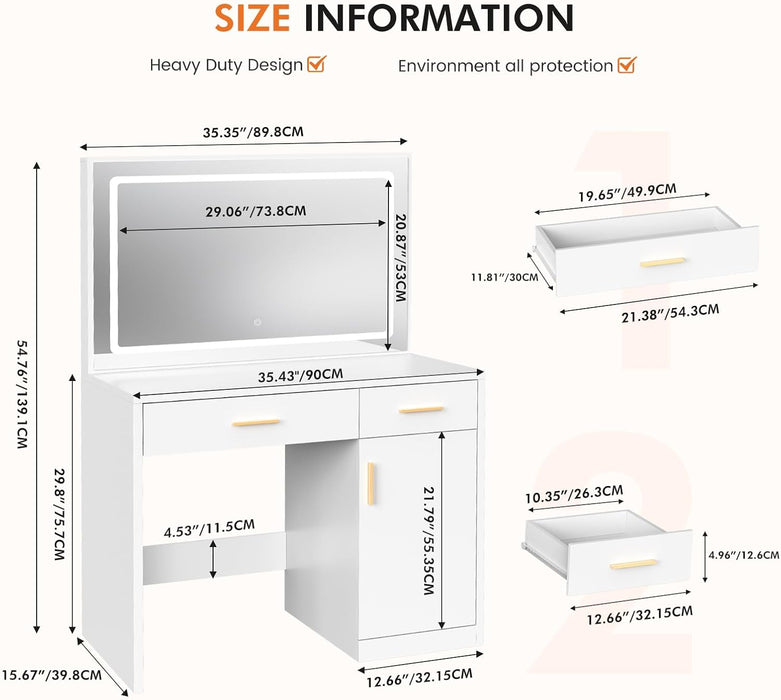 Vanity Desk with 35.4" LED Mirror and Lights, Makeup Vanity Table with Charging Station (2AC/USB/C), 2 Drawers & Large Cabinet, 3 Lighting Color Adjustable, Modern Dressing Table, White
