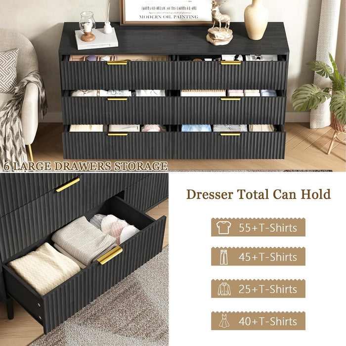 Fluted 6 Double Drawers Dresser for Bedroom, 55”Wide Modern Chest of Drawers with Deep Drawers,Curved Profile Design, Wood Drawer Organizer for Living Room, Hallway, Dark Black