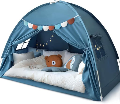 Twin Bed Tent for Kids, Twin Size Toddler Canopy Indoor Playhouse Canopy Privacy Tent on Bunk Bed Sleep inside Drafty Room Kid Toys for Boy Girl Birthday Gift, Blue Jean Color