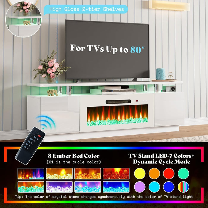 Fireplace TV Stand with 36" Fireplace, 70" Modern Fireplace Entertainment Center LED Lights, 2 Tier TV Console Cabinet for Tvs up to 80", White & White