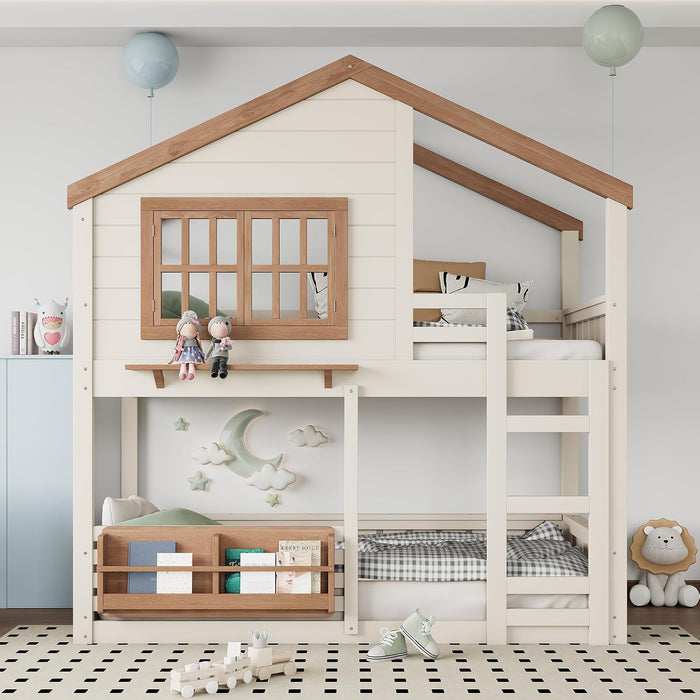 Twin Bunk Bed With Bookshelves Beige LinenFinishPremium