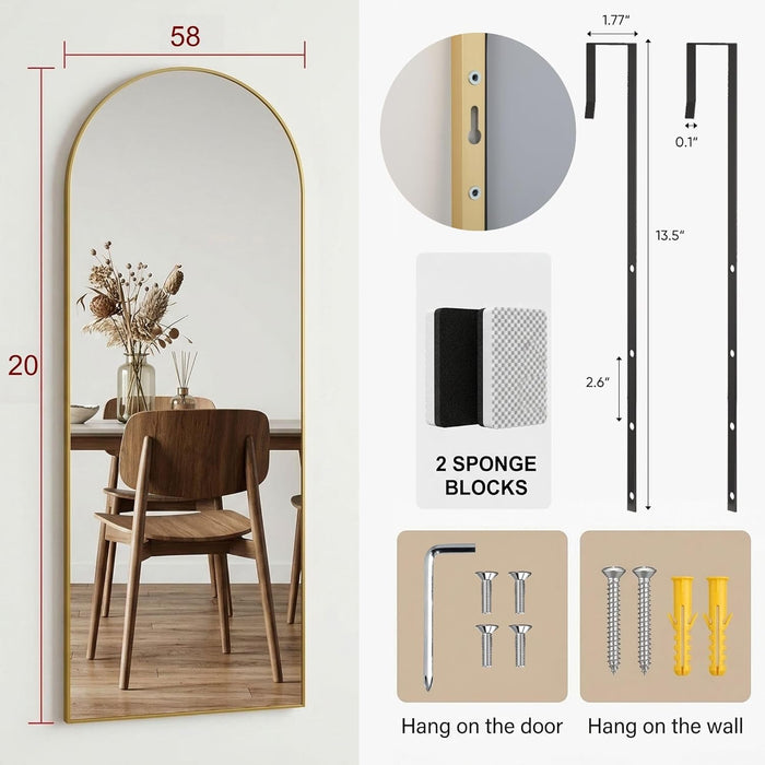 58"X20" Arched Full Length Door Mirror, Over-The-Door Hanging, Floor Standing, Wall Mounted or Leaning, Metal Frame Body Mirror for Bedroom, Living Room, Closet, Dorm, Gold