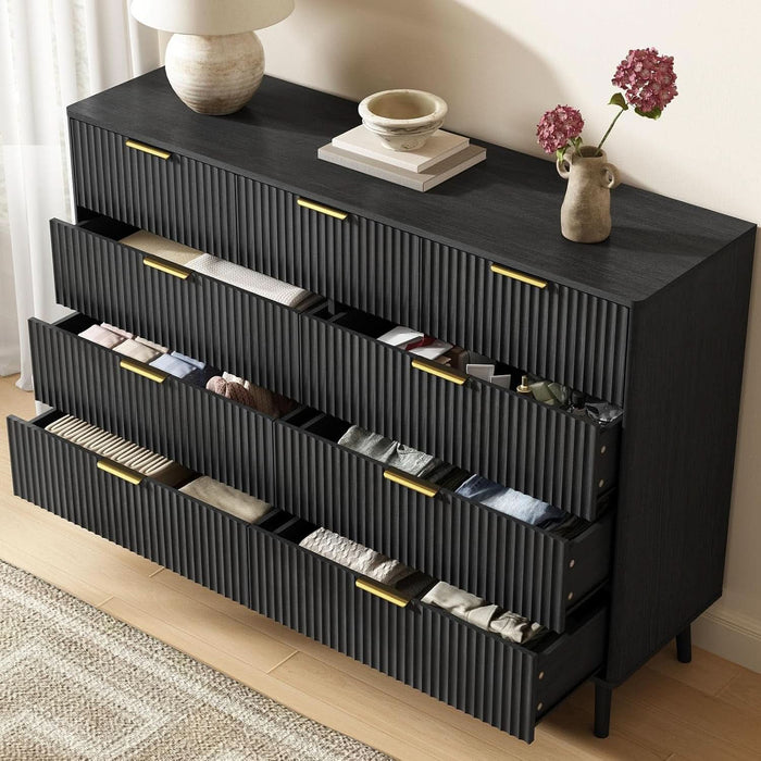 Fluted Nine Drawer Dresser FiftyFiveInch MatteBlack Organizer