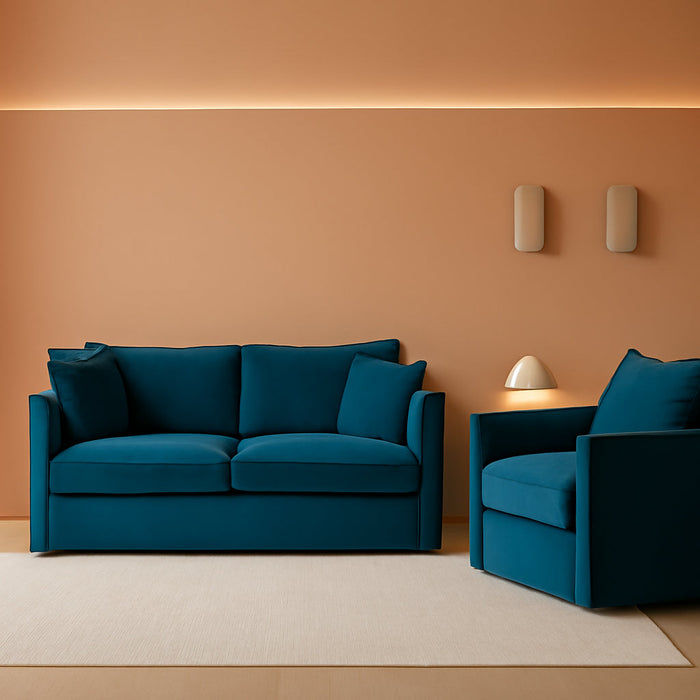 Luxury 2 Piece Loveseat Couch & Sofa Armchair Set, Modern Upholstered Chenille Cloud Couches Set Furniture with 5 Pillow for Living Room Bedroom Office Apartment, Blue