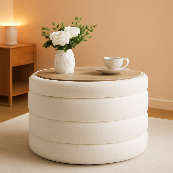 Ottoman with Stroage, round Sherpa Storage Ottoman Stool, Boucle Foot Rest22 X 22"X15.75" (White)