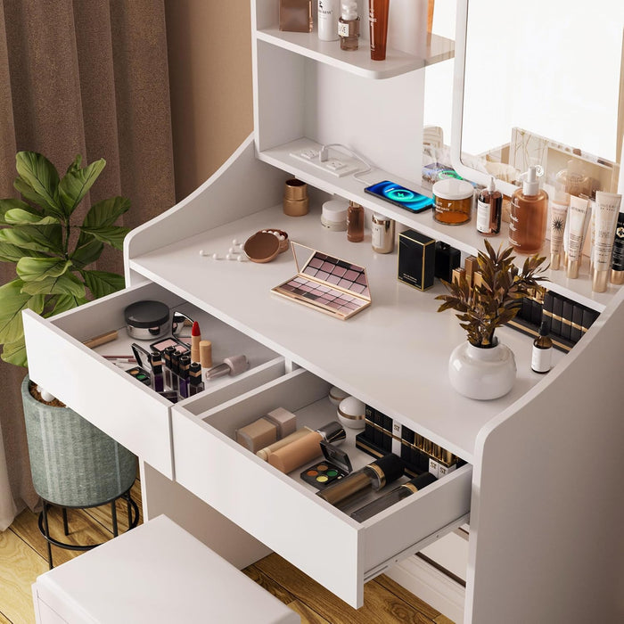 Vanity Desk with LED Light Mirror and Charging Station 30.3In, Small Vanity Set with 4 Storage Shelves 2 Drawers, Vanity for Girls Women with Storage Stool, Vanity Table for Bedroom (White)