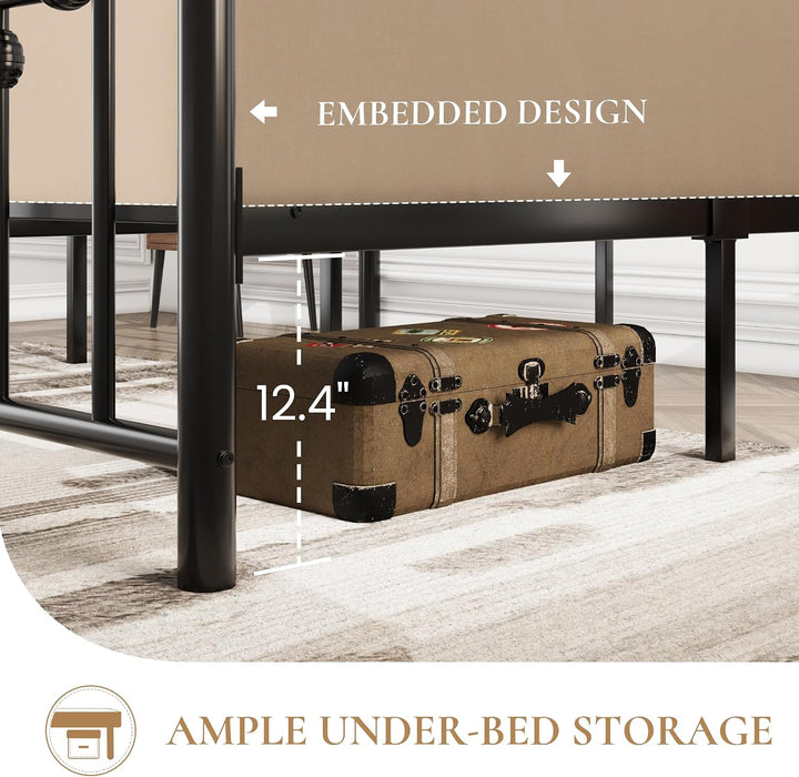 14" Queen Size Metal Platform Bed Frame/Victorian Headboard and Footboard/Steel Slats Mattress Foundation for Storage/No Box Spring Needed/Noise Free/Black