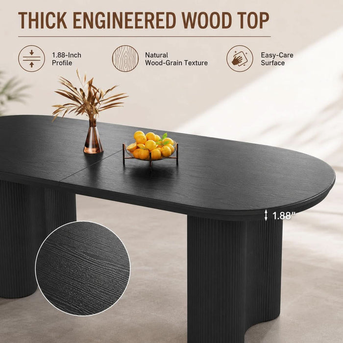 63-Inch Black Oval Dining Table for 4-6 People, Modern Kitchen Table with Thick Engineered Wood Top, Fluted Double Pedestal Base, Rounded Edges, Table Only
