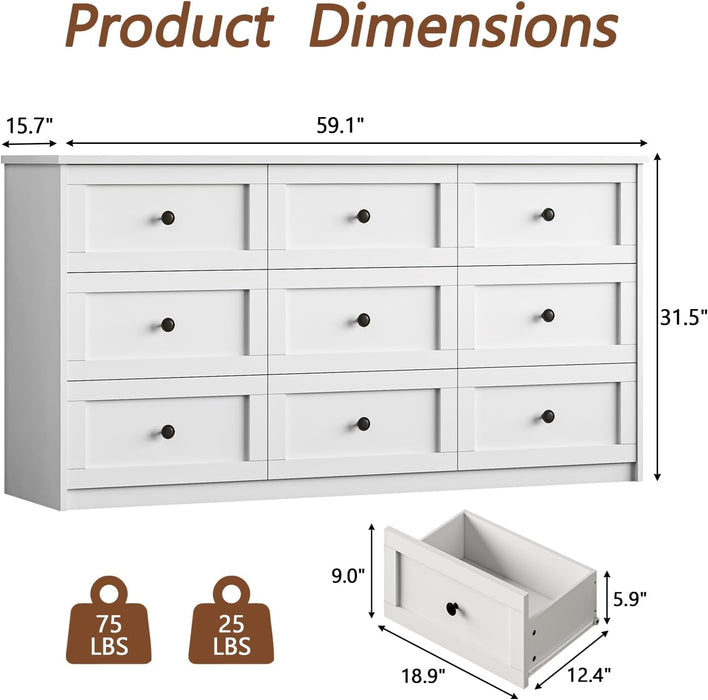 59" Wide White 9 Drawer Dresser for Bedroom with Black Metal Handle