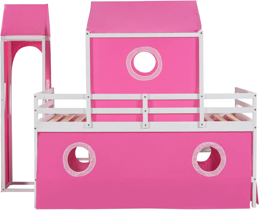 Playhouse Design Twin Size Low Loft Bed with Slide & Tent and Tower, Solid Wood Tent Bed Frame for Kids Boys Girls, Versatile Spacious under Bed Space with Curtains (Pink-Tw)